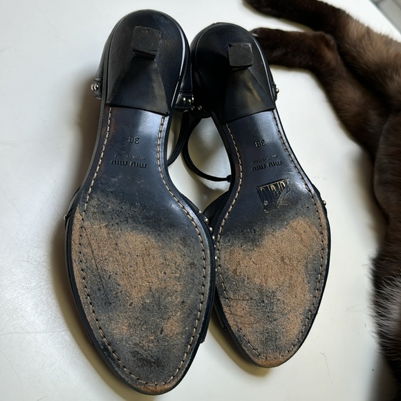 Miu Miu Italy Denim Blue Silver Studded Lapis Jewel Chrome Kitten heel Sandals - Picture 8 of 9